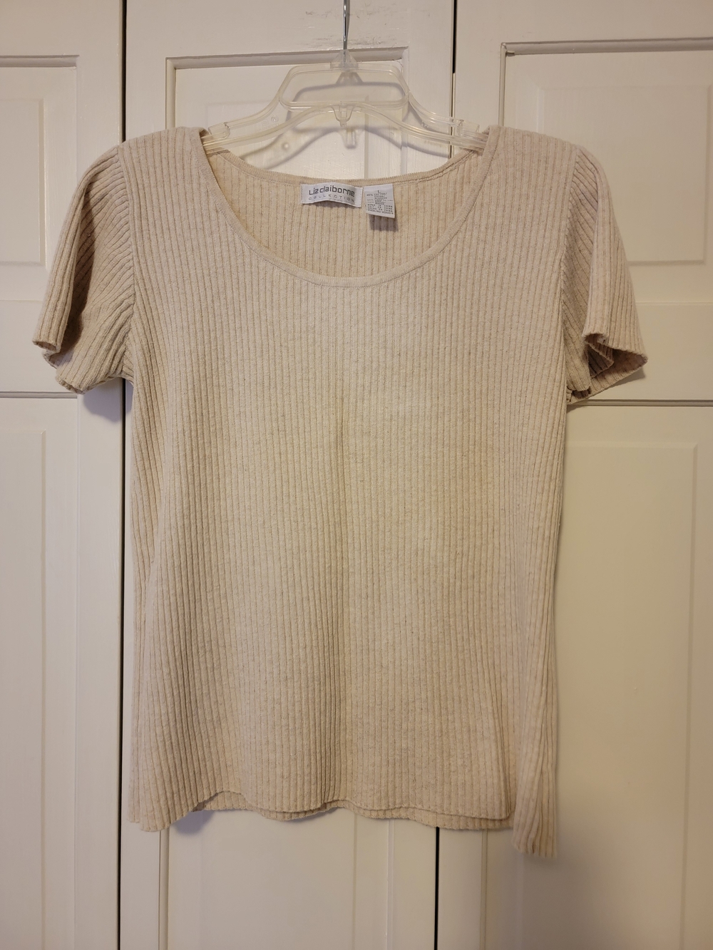 Liz Claiborne Cream Ribbed Short Sleeve Top Size L EUC